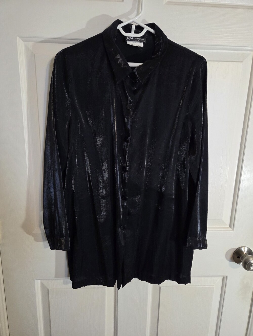 Vintage I.N. Studio Black Shiny Button Down Shirt Large